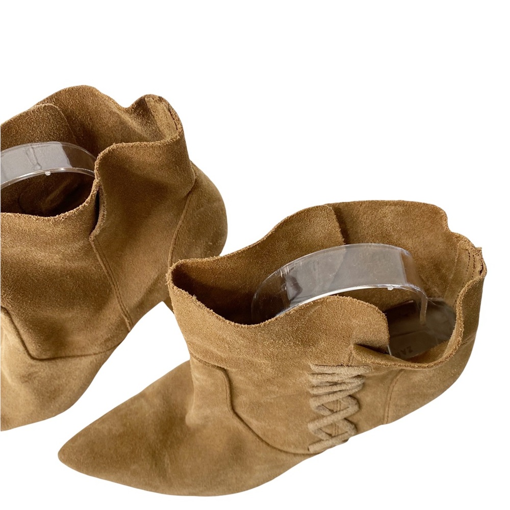 Zara Woman Suede Leather Lace Up Pointy Toe Heeled Booties Tan Cognac Size 39/9 - Picture 12 of 16